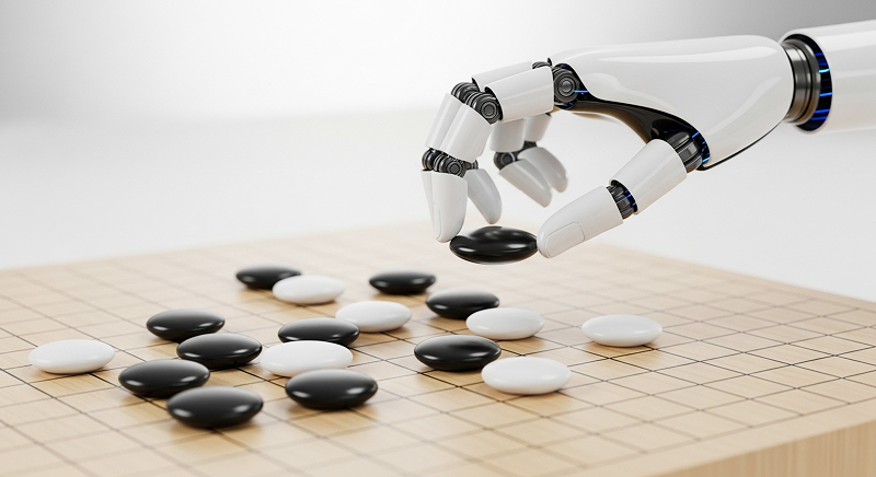 바둑판 위에 바둑 경기가 진행되고 있고, 로봇팔이 검은돌을 착수하고 있다